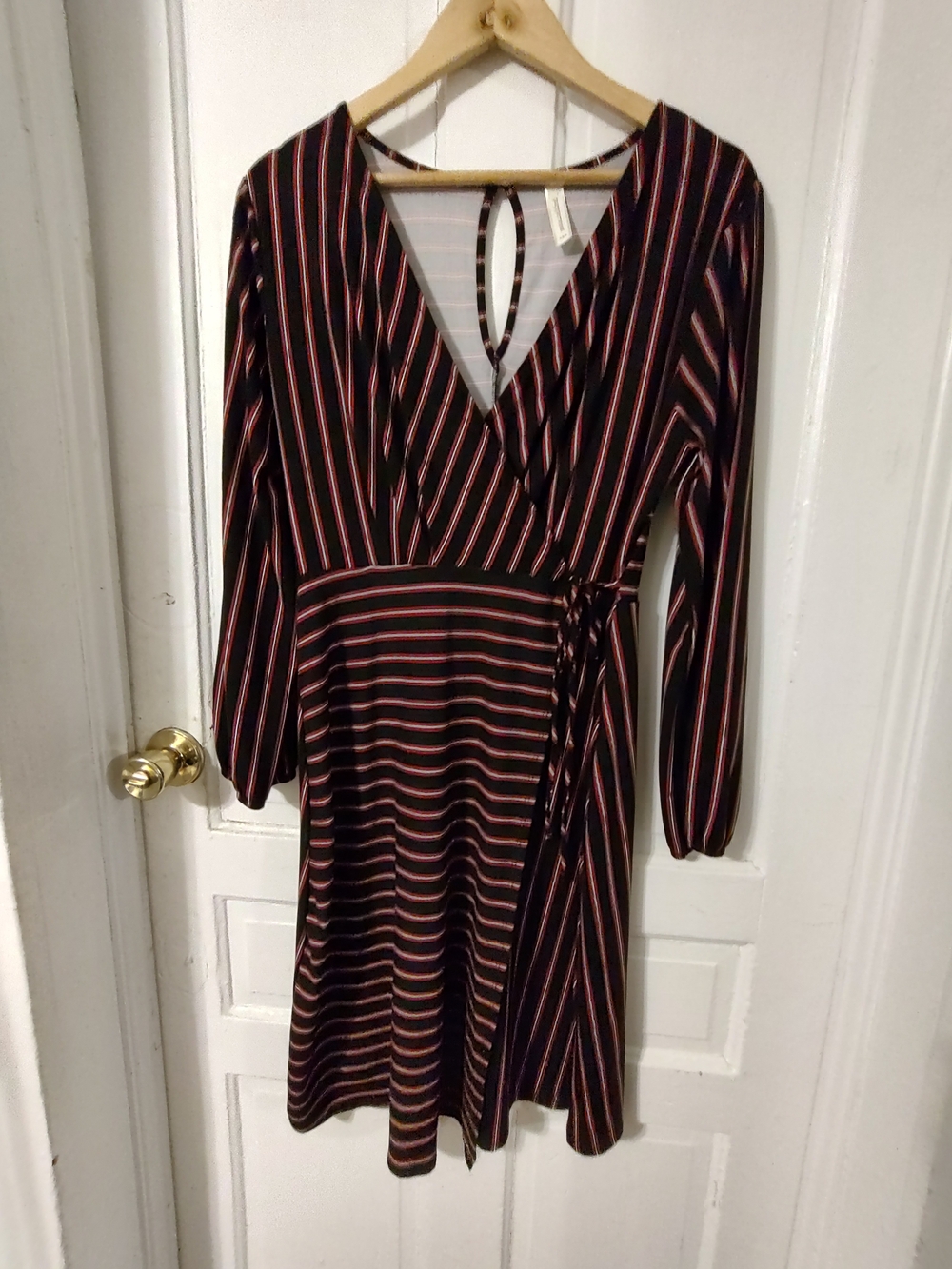 Peppermint Black and Pink Striped Long Sleeve Wrap Dress